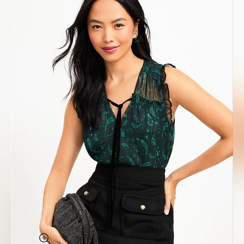 Shimmer Paisley Velvet Flutter Tie Neck Top